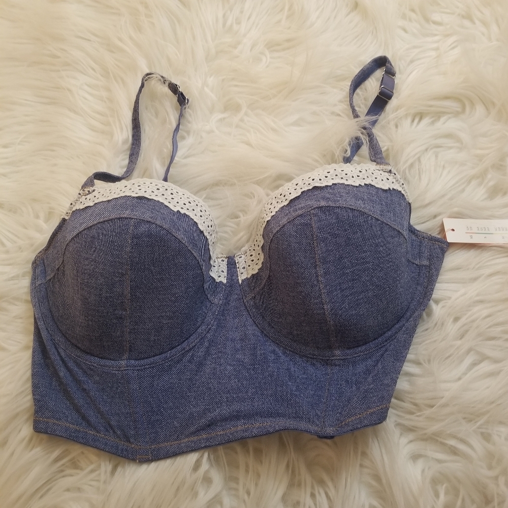 Colsie Denim Blue Eyelet Lace Trim Bralette corset bustier 🎻🤠